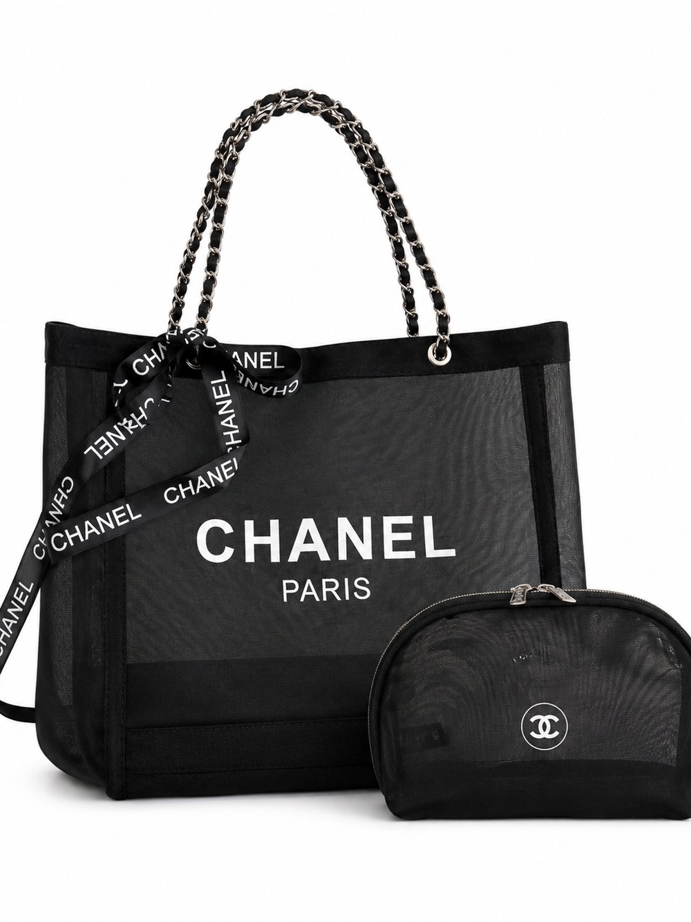 Black Mesh Beach Tote w/ Matching Black Pouch • NEW IN PACKAGE